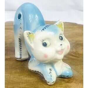 Vtg Ceramic Kitsch Japan Blue Cat Arch Back Chopstick Holder Salt Pepper Caddy
